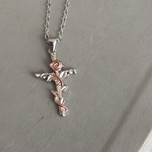 Silver and Pink Cross Pendant Necklace